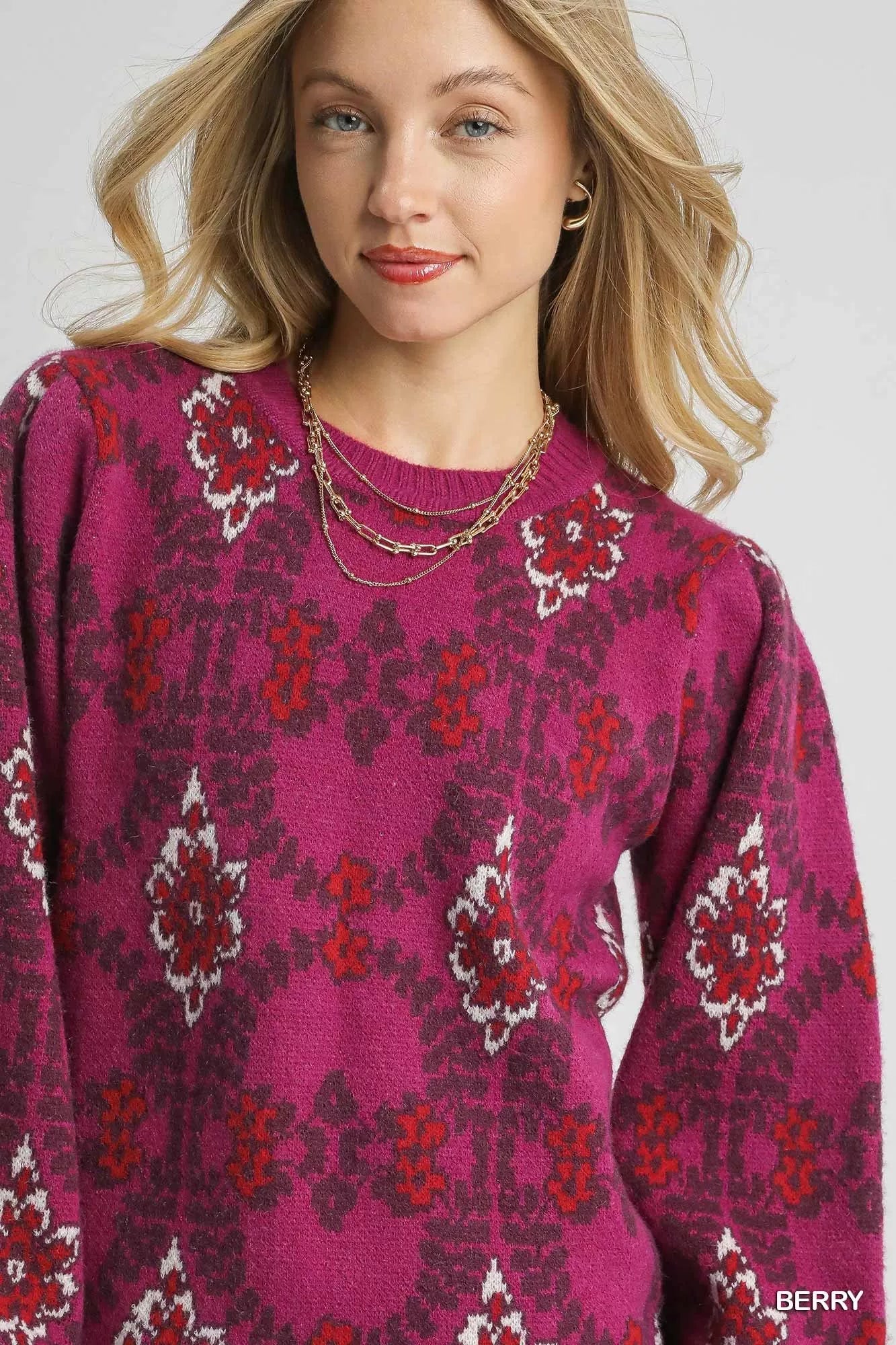 Umgee Boho Patterned Long Sleeve Sweater - Bitsy Gypsy Boutique