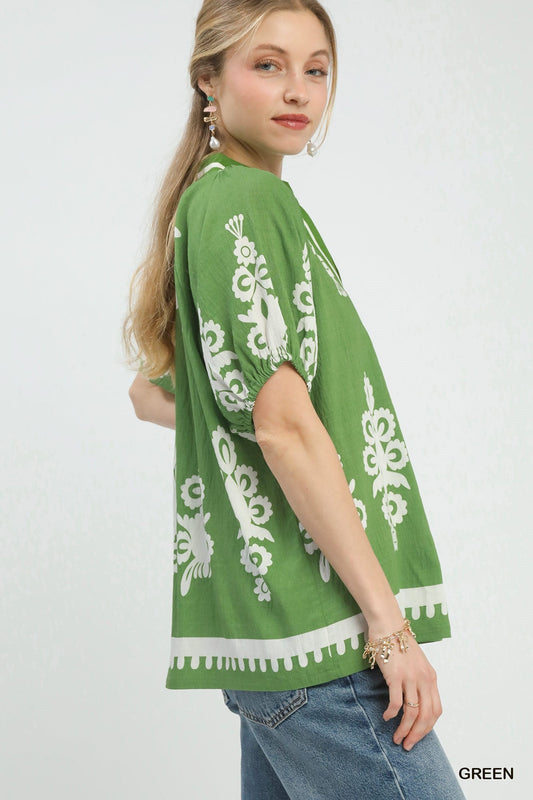 Umgee Boho Print Split - Neck Short Sleeve Top - Bitsy Gypsy Boutique