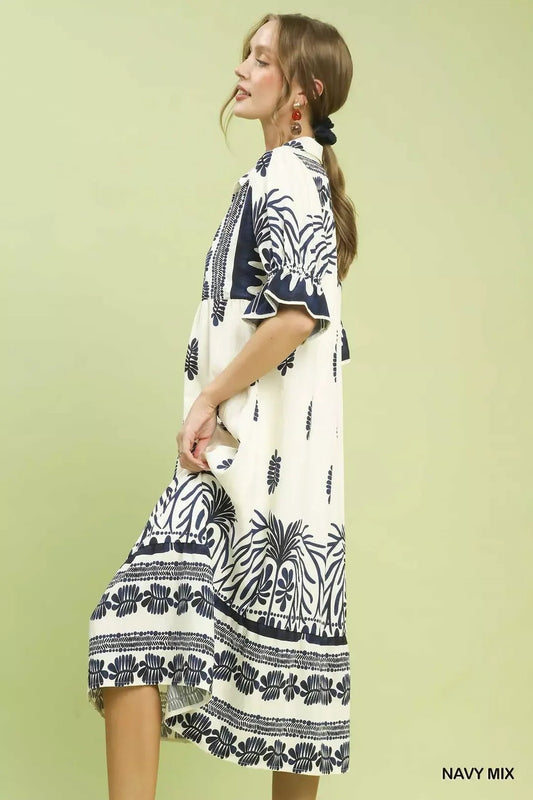 Umgee Border Print Midi Dress with Puff Sleeves - Bitsy Gypsy Boutique