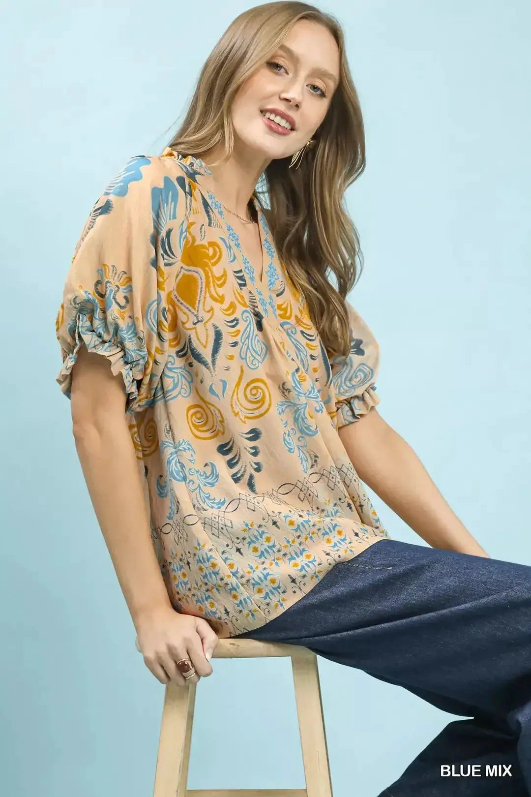 Umgee Border Print Puff Sleeve V-Neck Blouse by Trendsi
