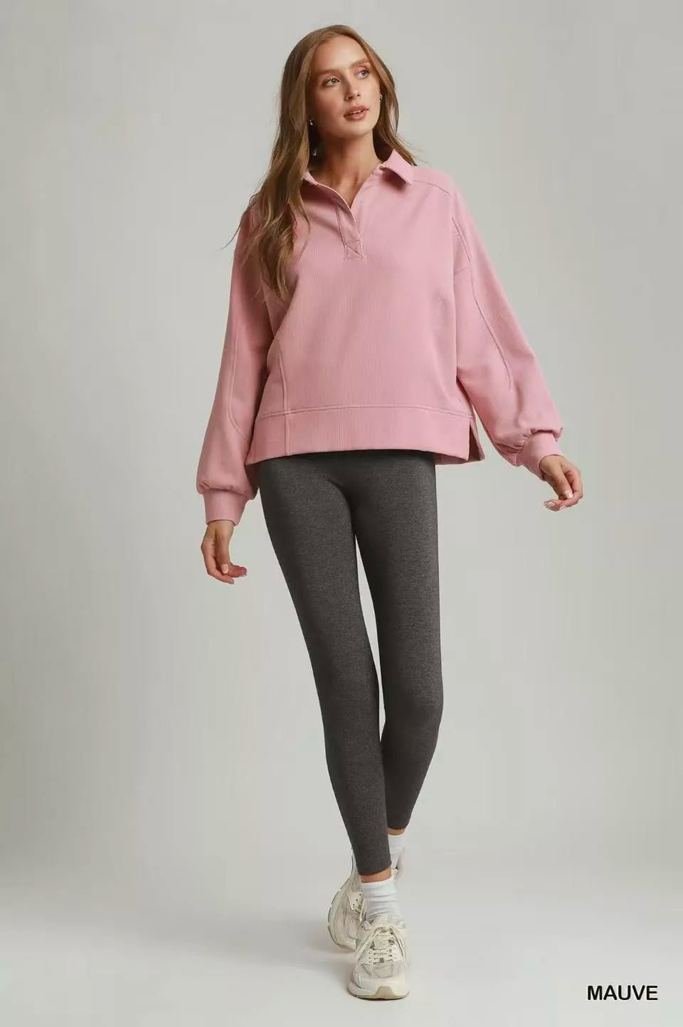 Umgee Brushed Waffle Polo Collared Pullover - Bitsy Gypsy Boutique