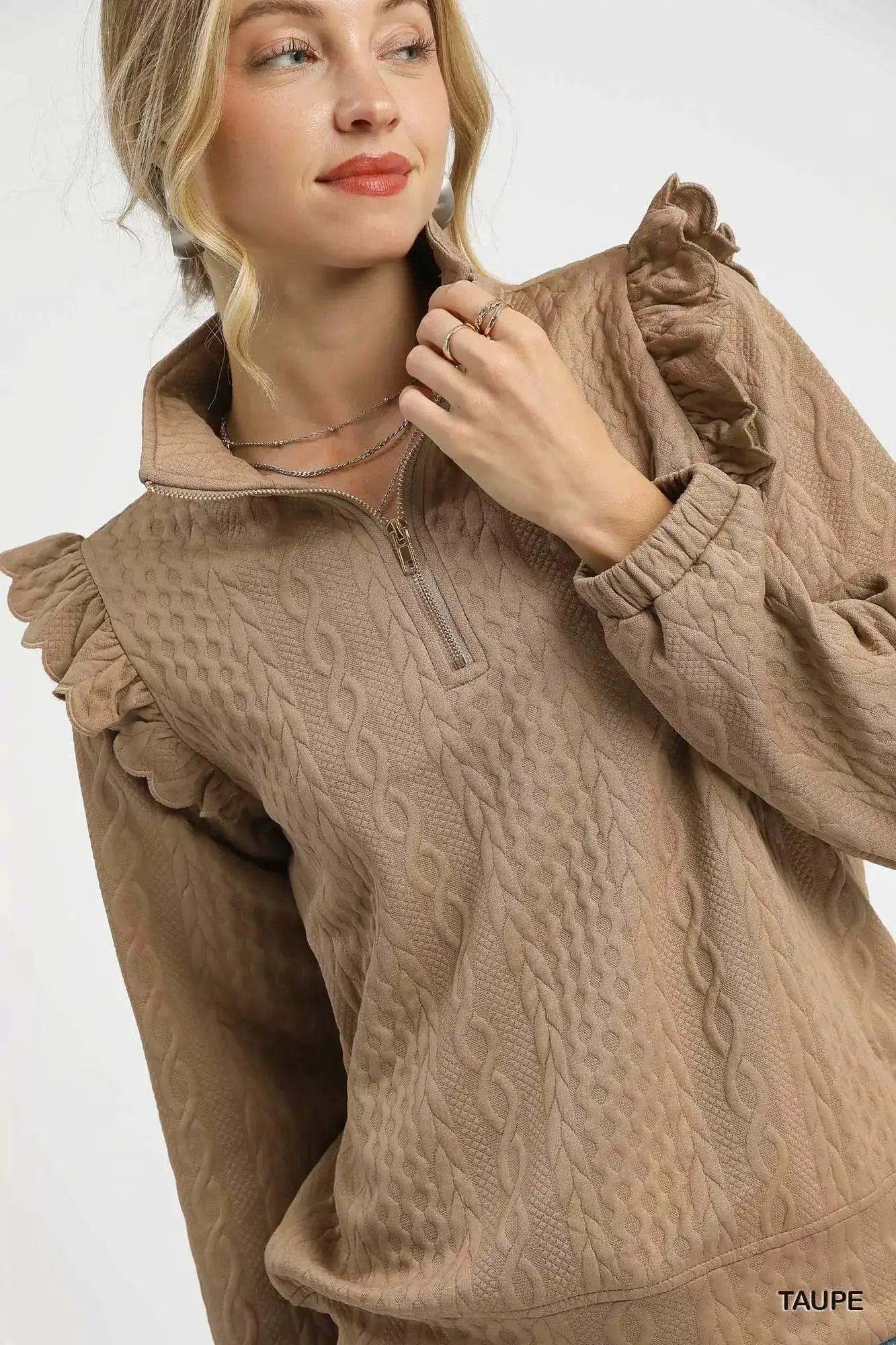 Umgee Cable Knit Textured Pullover with Ruffle Shoulders by Trendsi