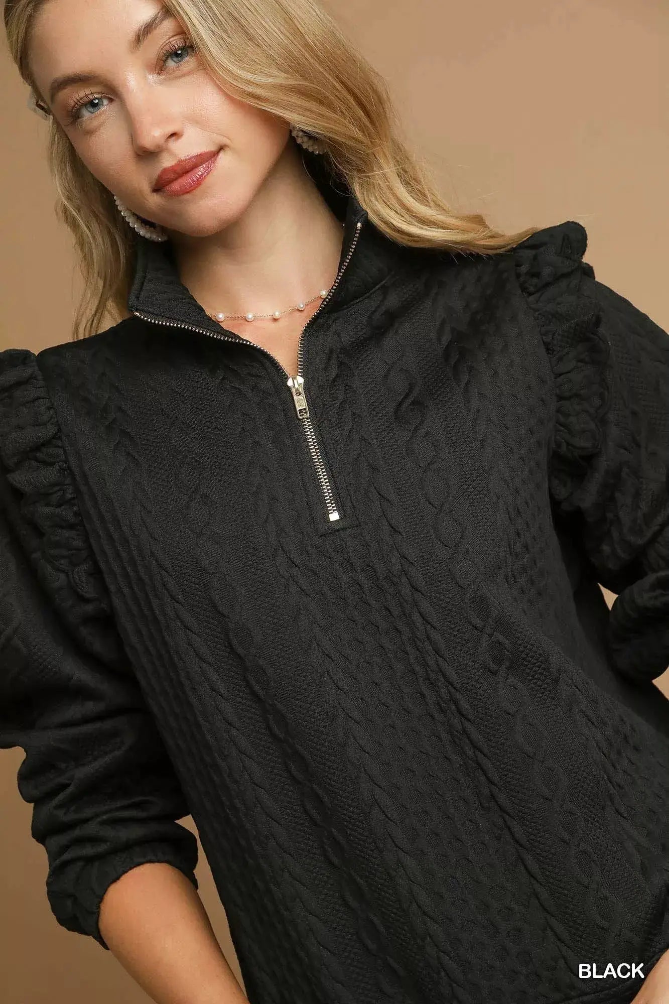 Umgee Cable Knit Textured Pullover with Ruffle Shoulders by Trendsi