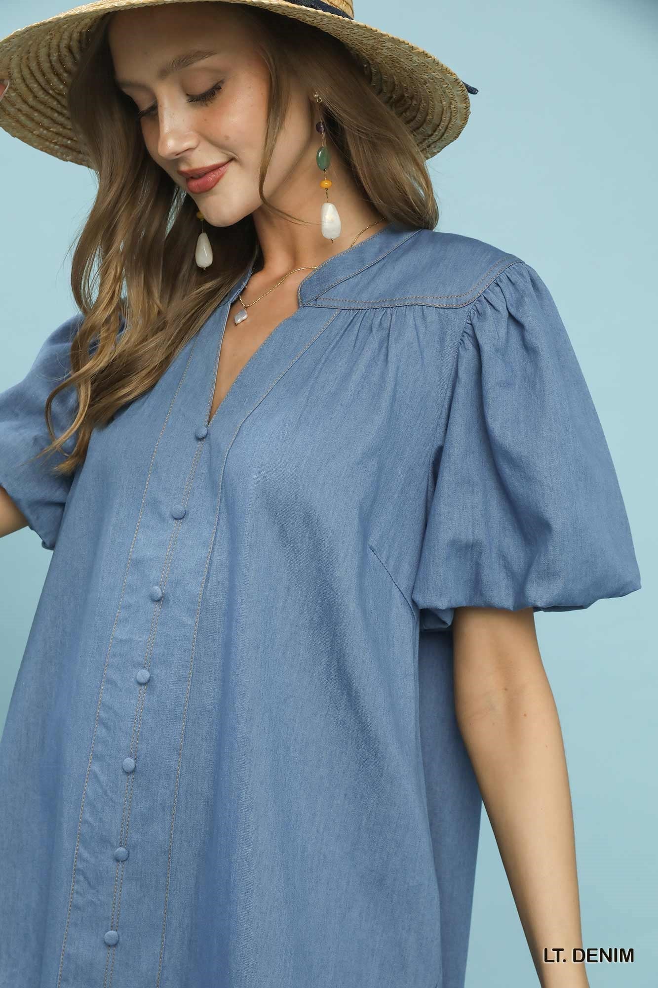 Umgee Chambray Puff Sleeve Dress - Bitsy Gypsy Boutique