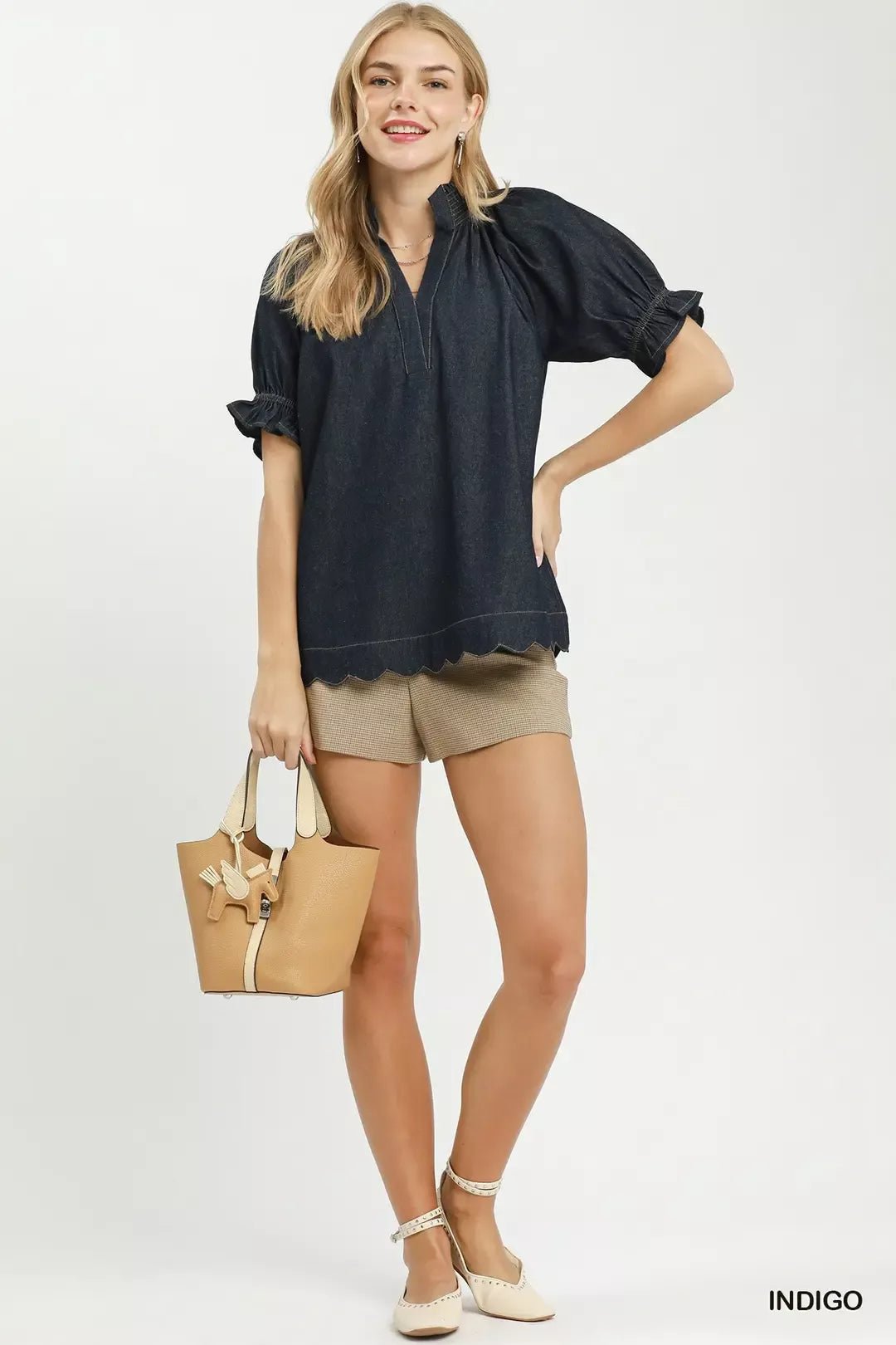 Umgee Chambray Puff Sleeve Scallop Hem Blouse - Bitsy Gypsy Boutique