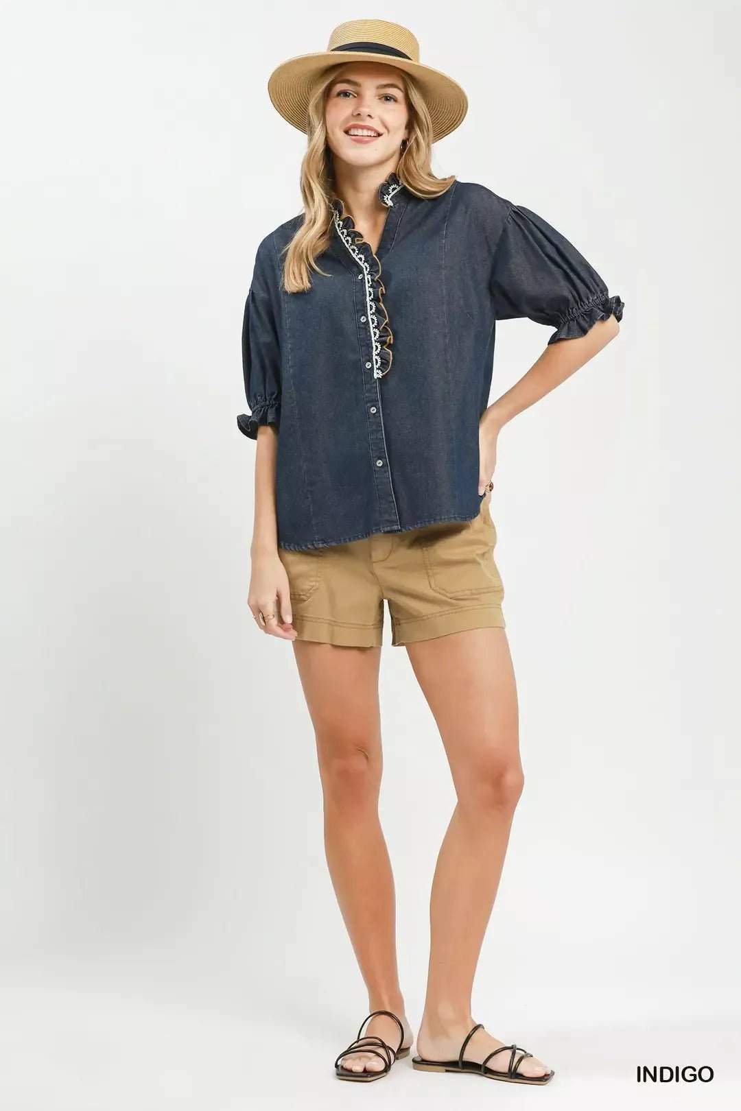 Umgee Chambray Scalloped Trim Button Front Blouse - Bitsy Gypsy Boutique
