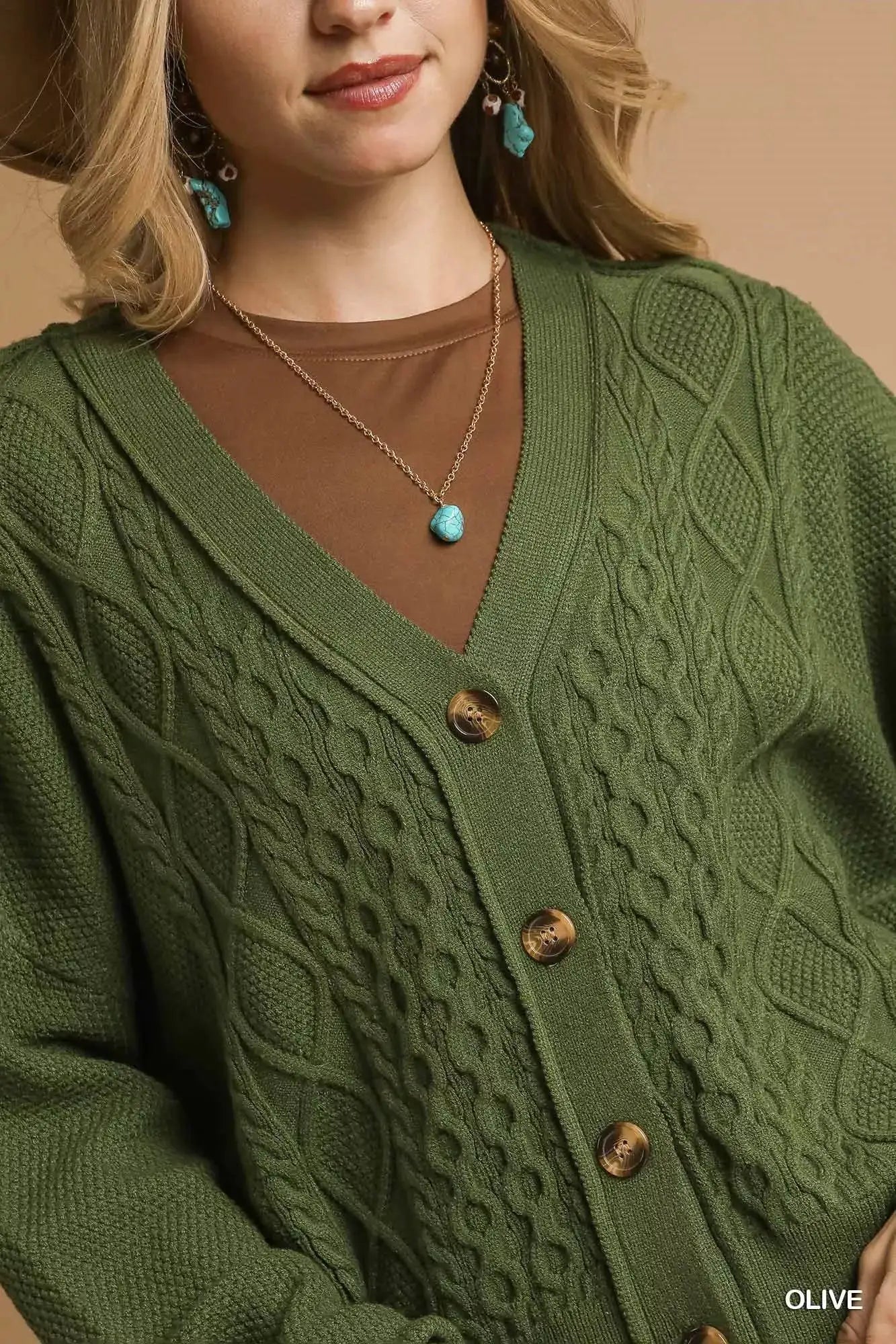 Umgee Chunky Cable Knit V-Neck Button-Up Cardigan by Trendsi