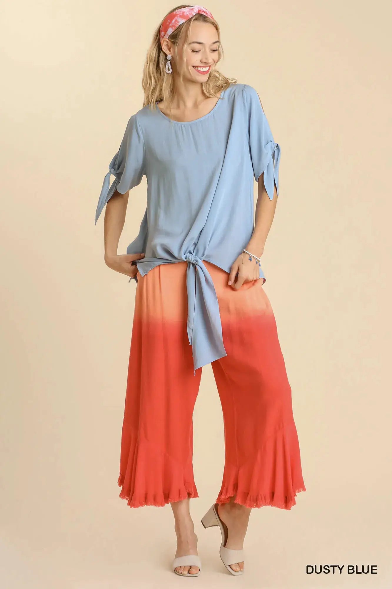 Umgee Cold Shoulder Short Sleeve Round Neck Top with Side Slits and Tie-able Knot Details by Trendsi