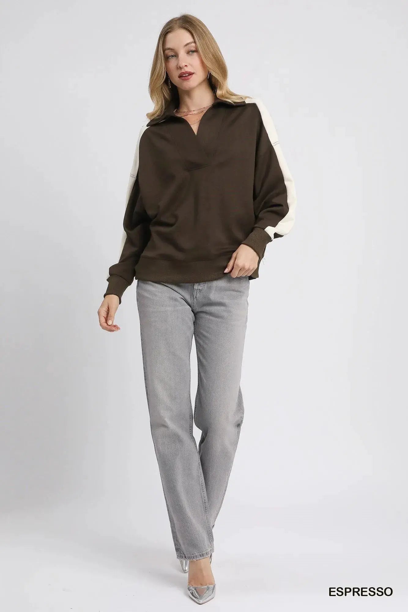 Umgee Color Block Polo Sweatshirt by Trendsi