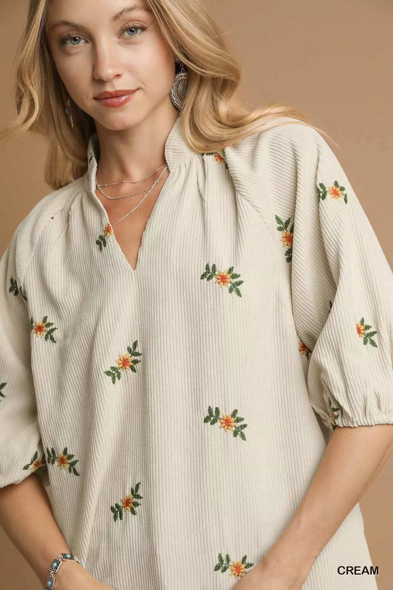 Umgee Corduroy Floral Embroidered Puff Sleeve Blouse - Bitsy Gypsy Boutique