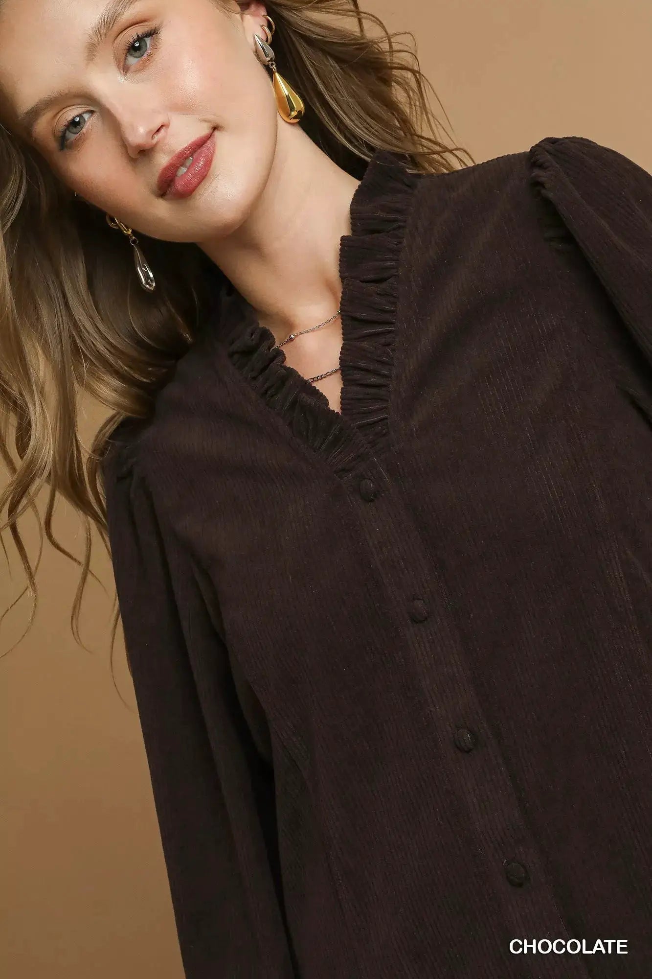 Umgee Corduroy Ruffle Shirt with Long Puff Sleeves by Trendsi