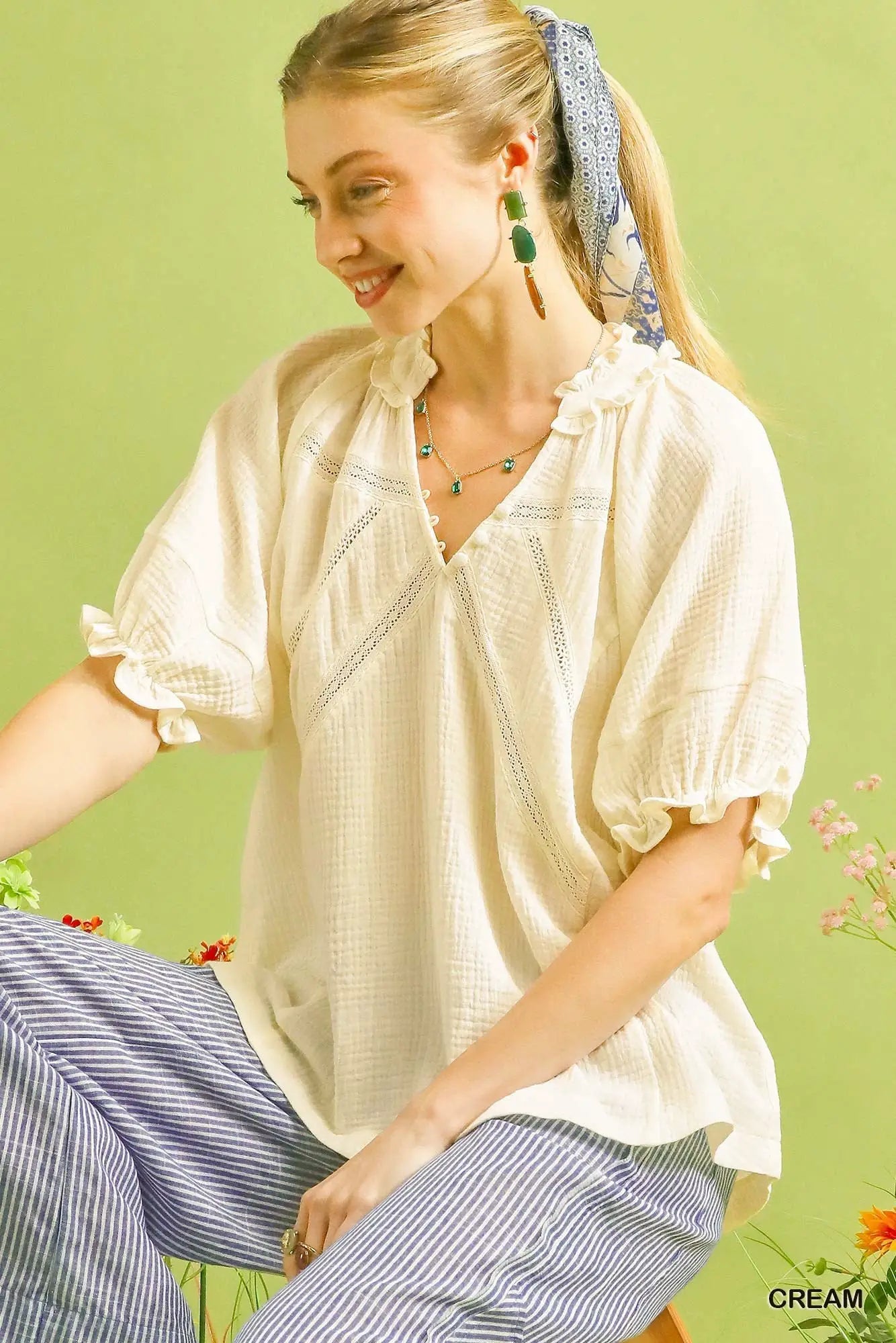 Umgee Cotton Gauze Ruffle Top by Trendsi