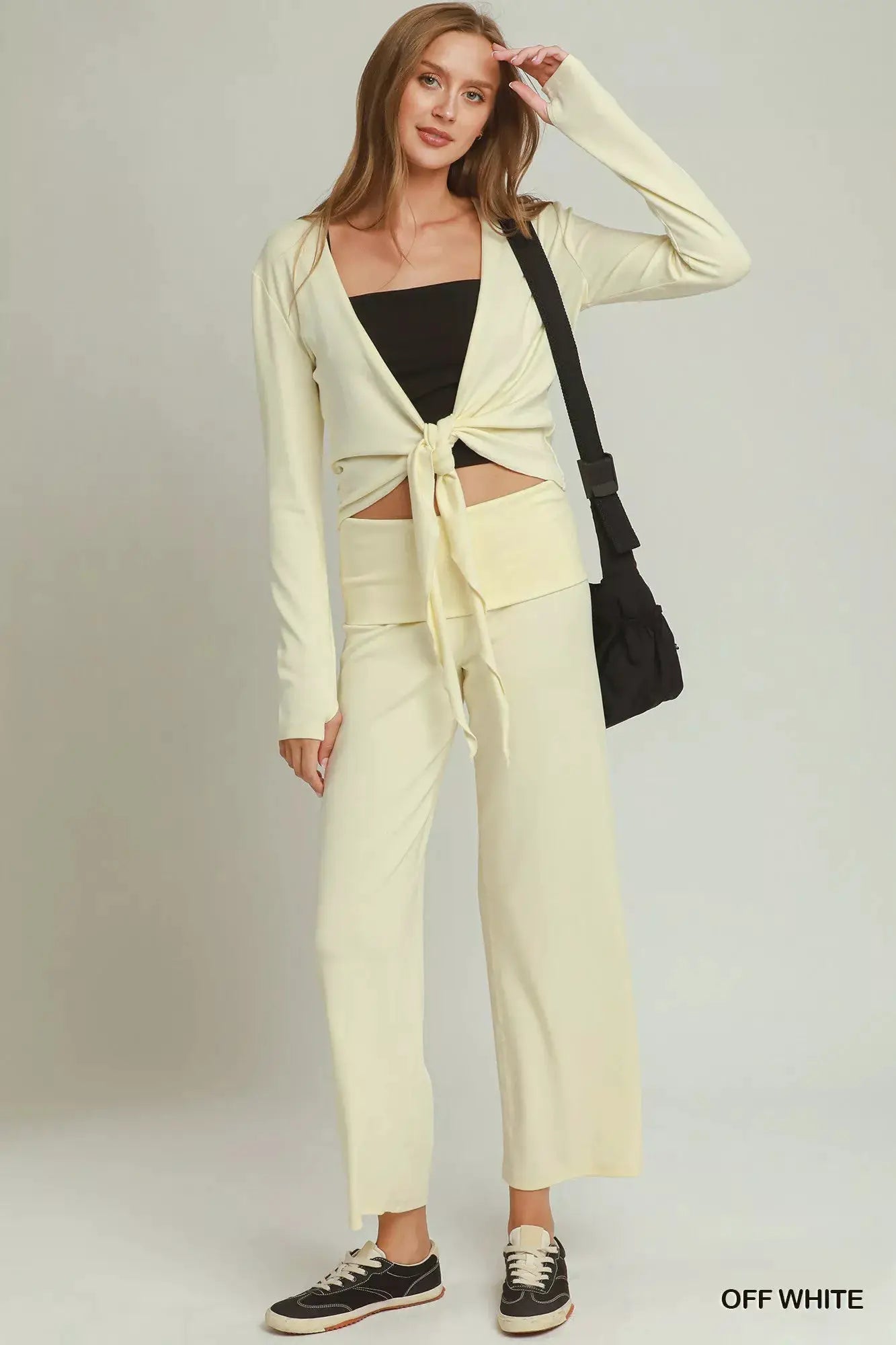 Umgee Cotton Viscose Folded Waistband Straight Leg Pants by Trendsi