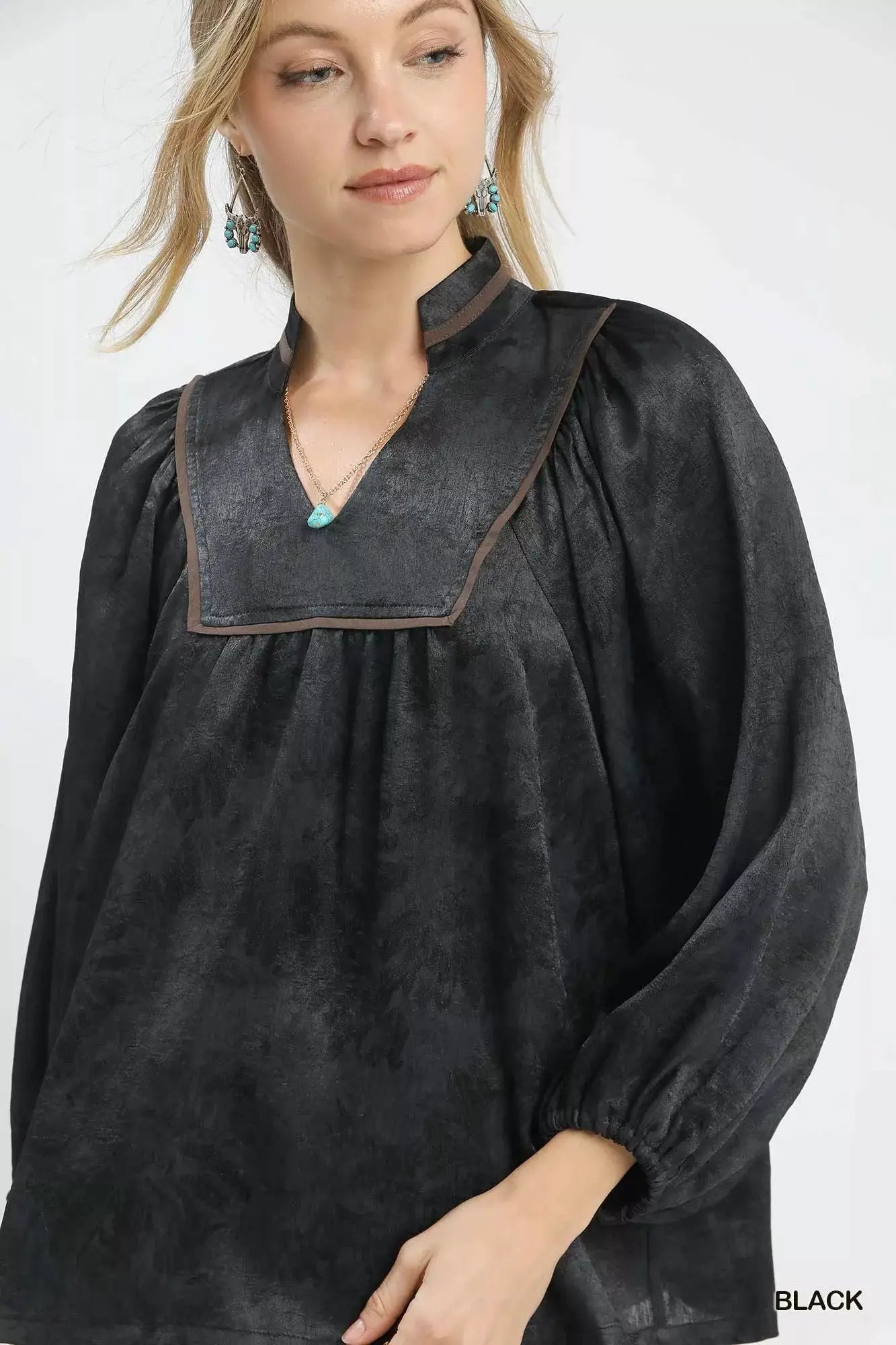 Umgee Crinkle Brocade Long Sleeve Blouse by Trendsi