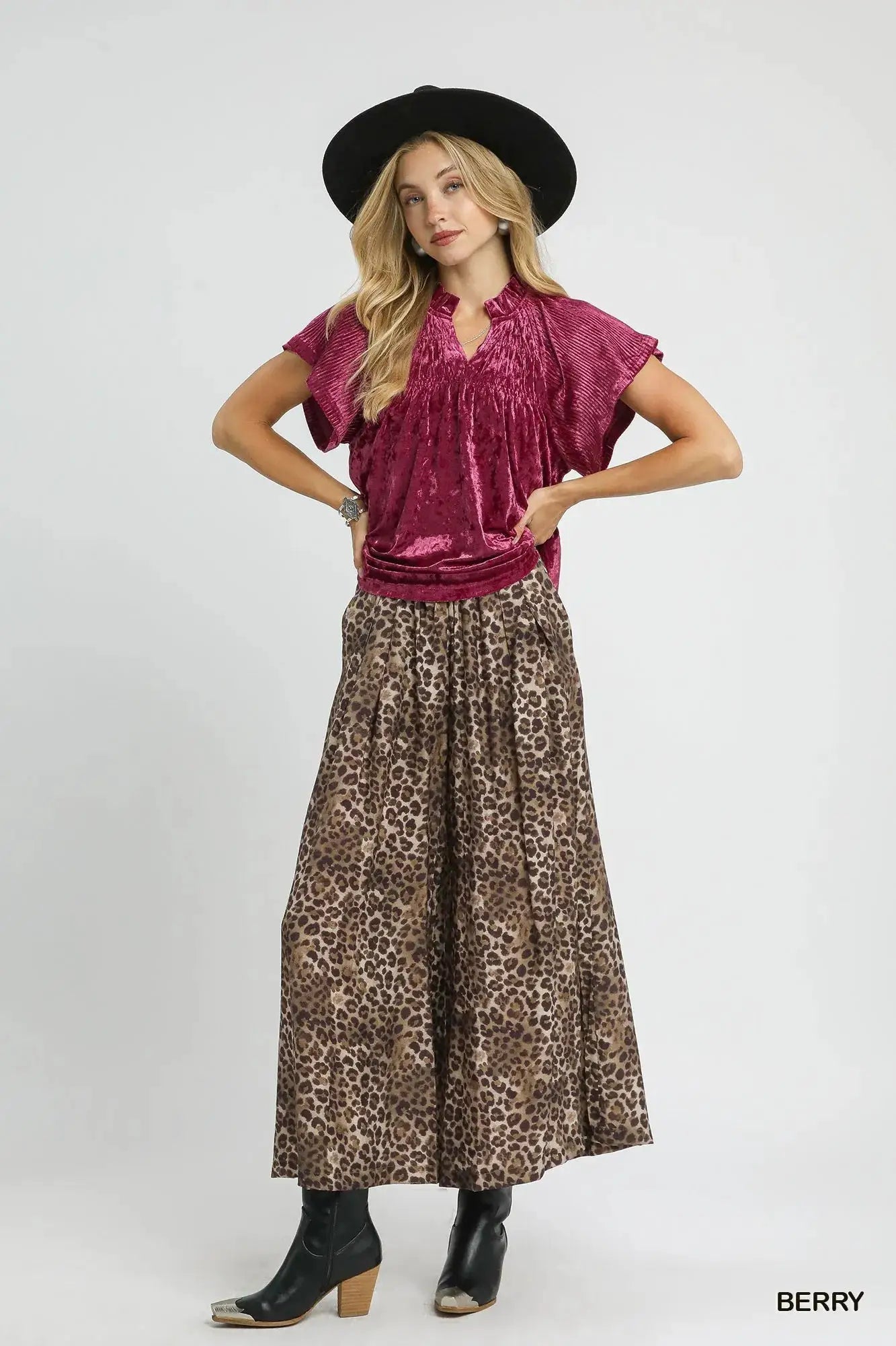 Umgee Crushed Velvet Pleated Blouse by Trendsi