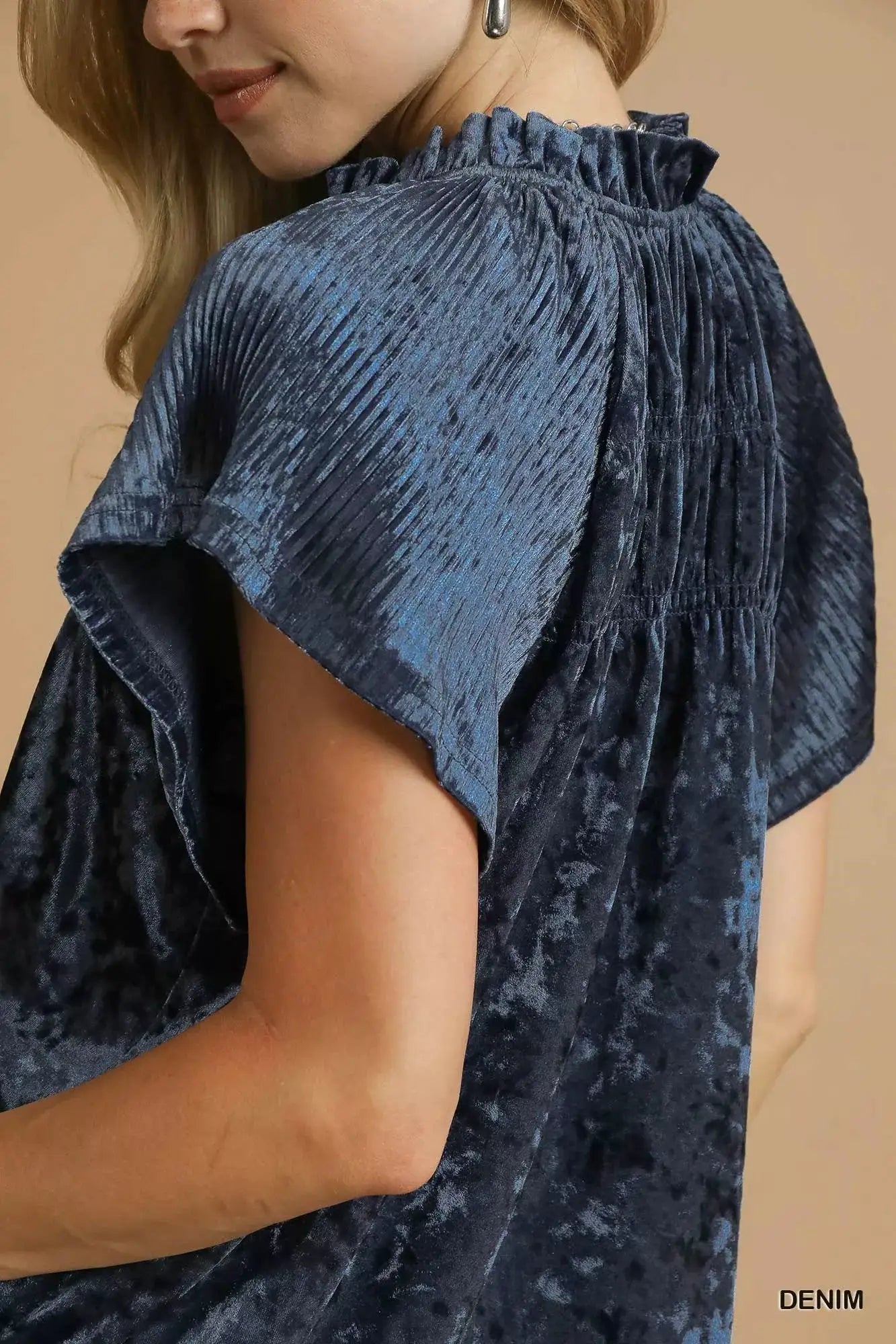Umgee Crushed Velvet Pleated Blouse by Trendsi