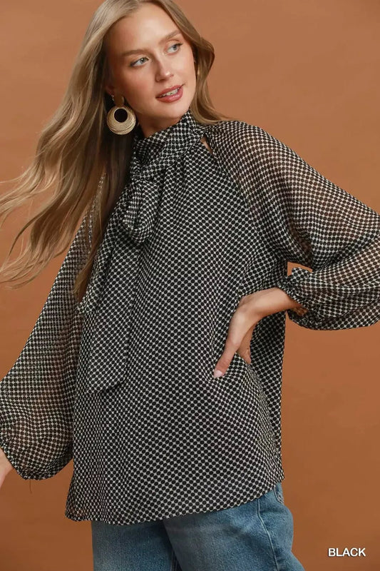 Umgee Dot Print Tie Neck Long Sleeve Blouse - Bitsy Gypsy Boutique