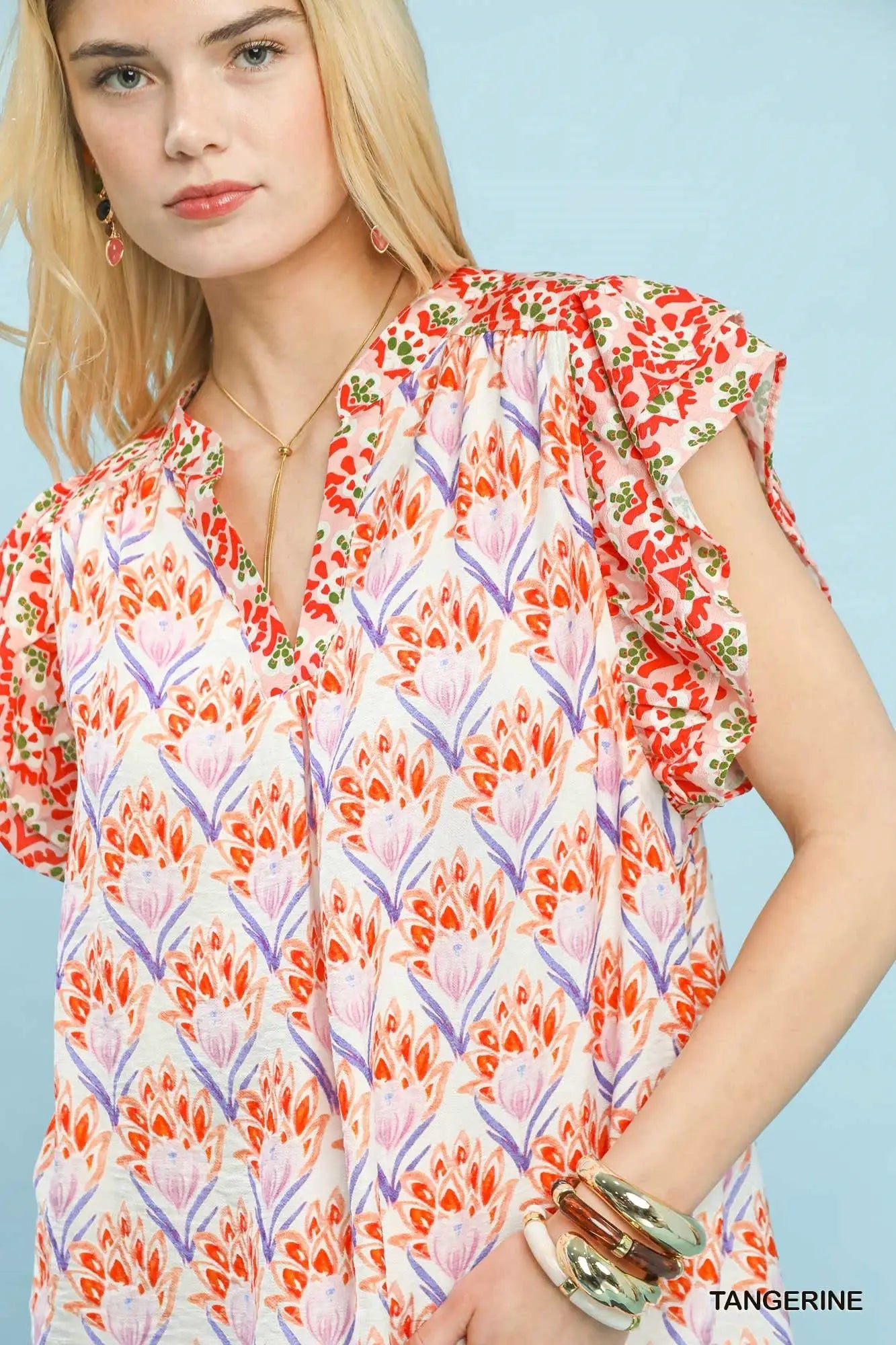 Umgee Double Frill Sleeve Floral Blouse by Trendsi