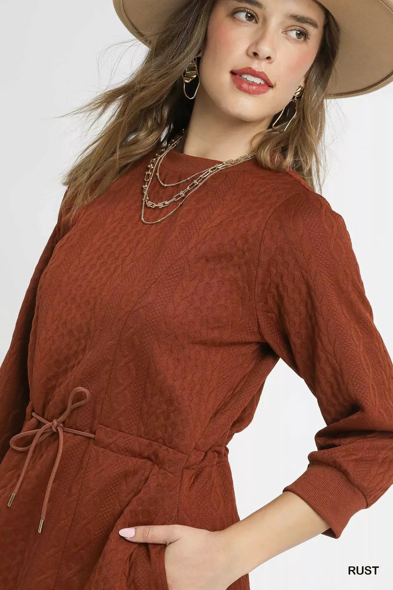 Umgee Drawstring Cable Knit Mini Dress with Pockets by Trendsi