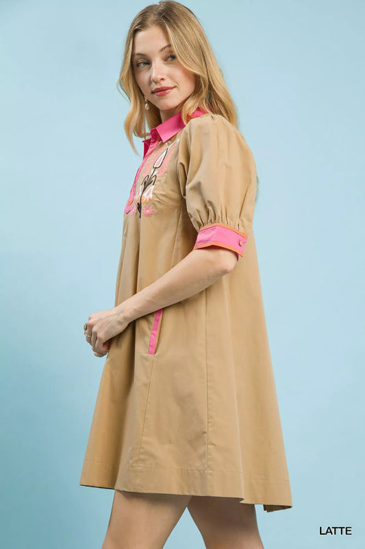 Umgee Embroidered Contrast Trim Tunic Dress - Bitsy Gypsy Boutique