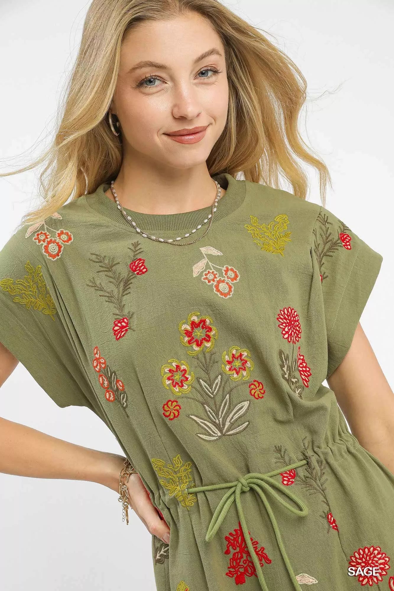 Umgee Embroidered Floral Mini Dress with Waist Tie - Bitsy Gypsy Boutique