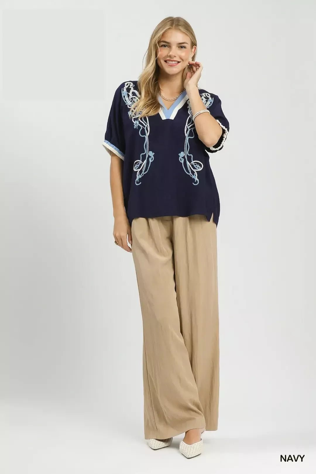 Umgee Embroidered Floral V - Neck Short Sleeve Blouse with Contrast Trim - Bitsy Gypsy Boutique