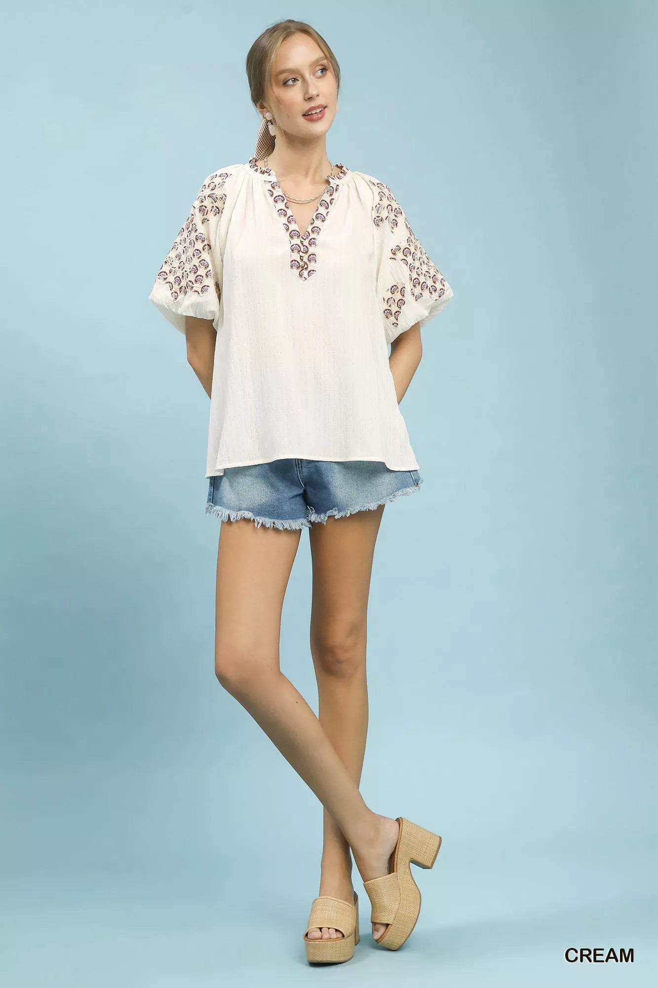 Umgee Embroidered Sleeve Contrast Trim Top - Bitsy Gypsy Boutique
