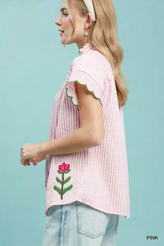 Umgee Embroidered Stripe Button Front Top - Bitsy Gypsy Boutique