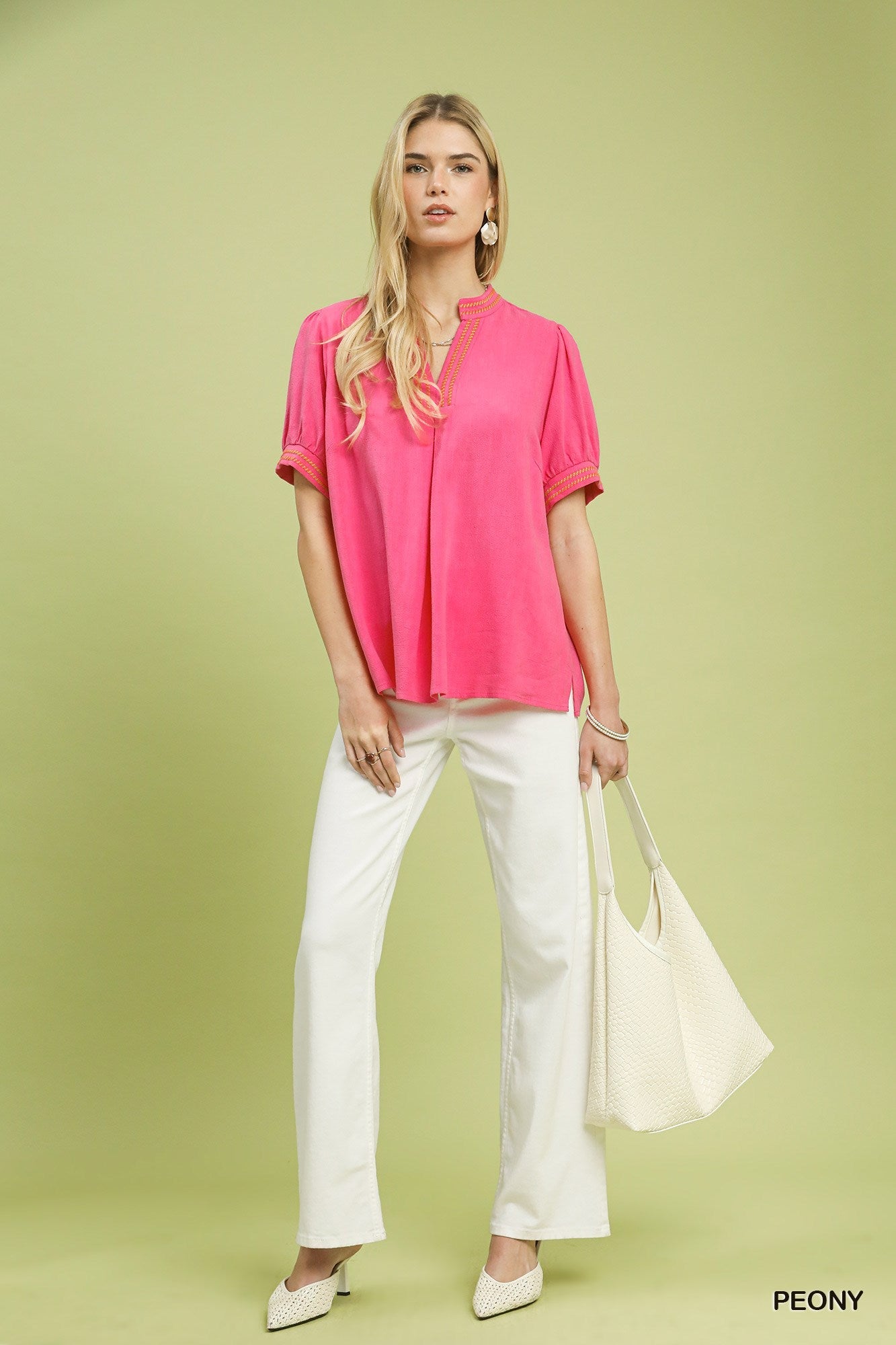 Umgee Embroidery Linen Puff Sleeve Blouse - Bitsy Gypsy Boutique