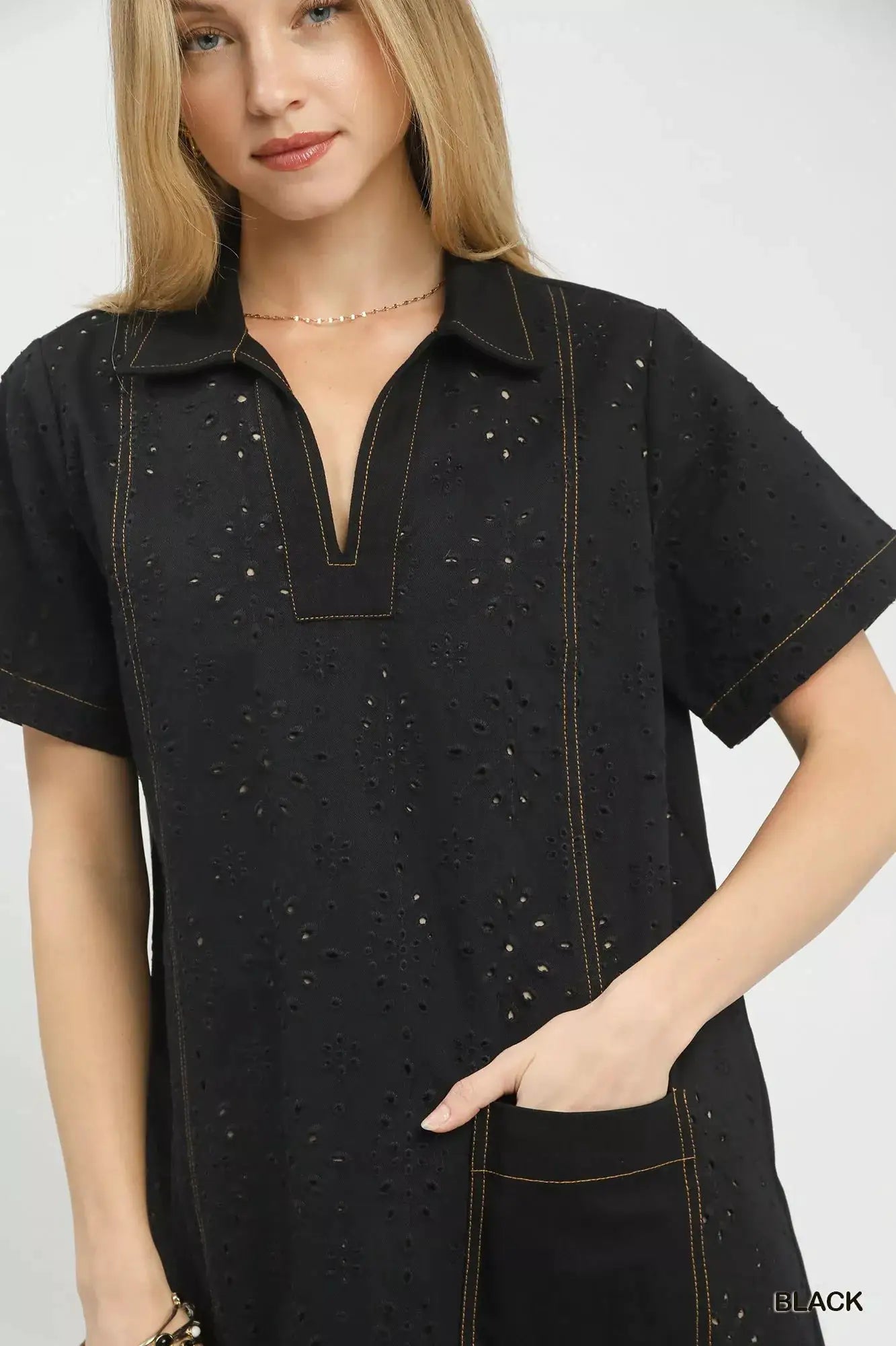 Umgee Eyelet Short Sleeve Shift Dress with Pocket by Trendsi