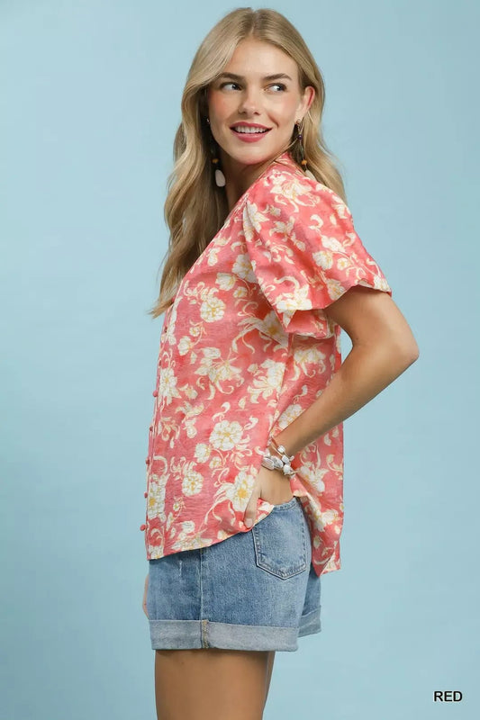 Umgee Floral Button - Front Short Sleeve Shirt - Bitsy Gypsy Boutique