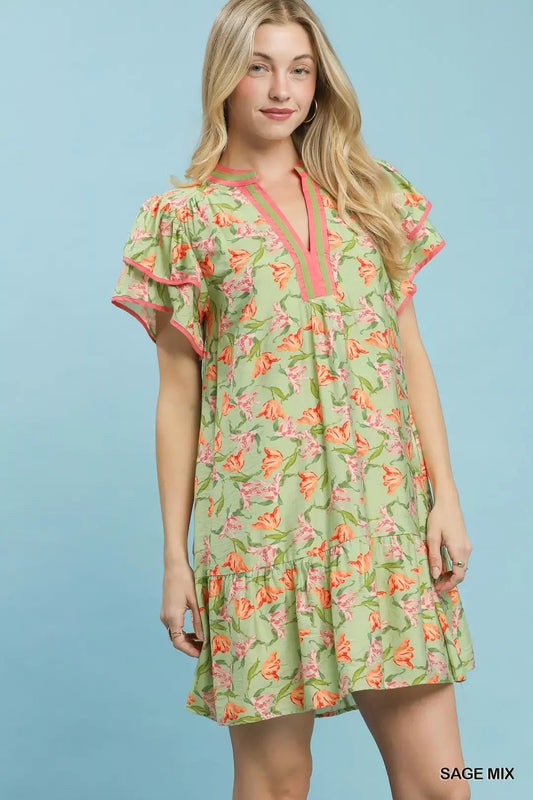 Umgee Floral Flutter Sleeve Tiered Dress - Bitsy Gypsy Boutique