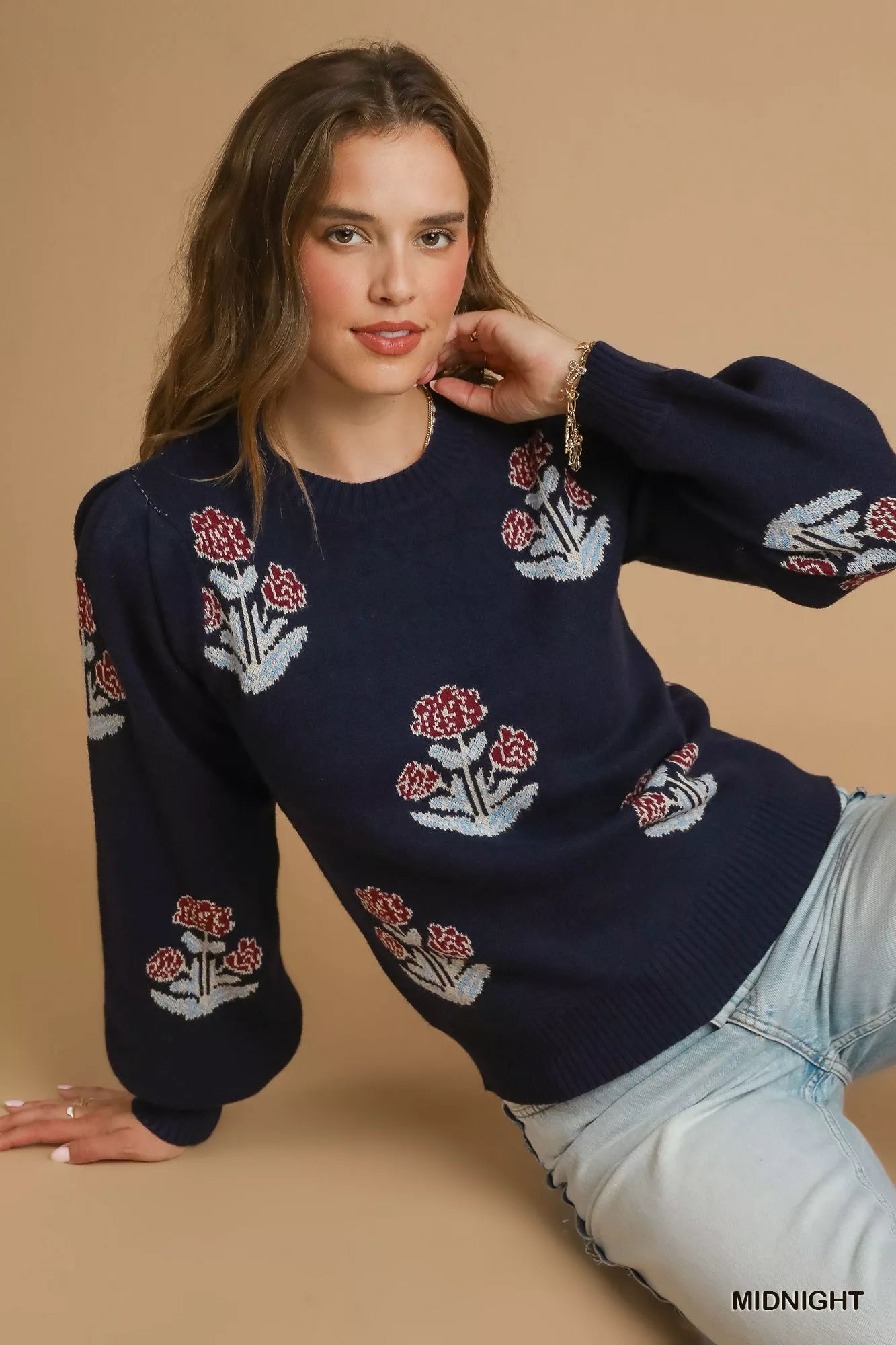 Umgee Floral Knit Sweater with Puff Sleeves - Bitsy Gypsy Boutique