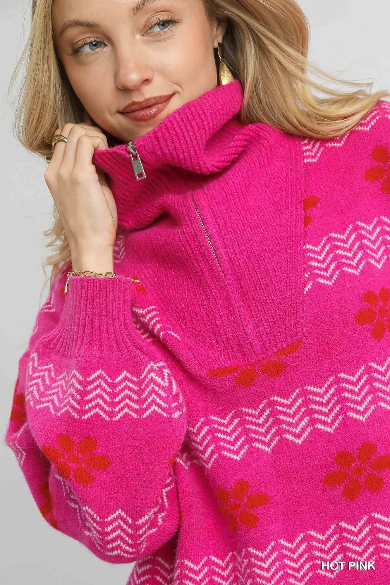 Umgee Floral Patterned Jacquard Quarter - Zip Pullover Sweater - Bitsy Gypsy Boutique