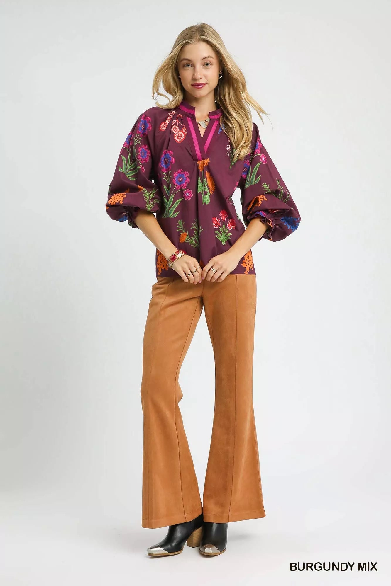 Umgee Floral Print Flounce Sleeve Blouse - Bitsy Gypsy Boutique