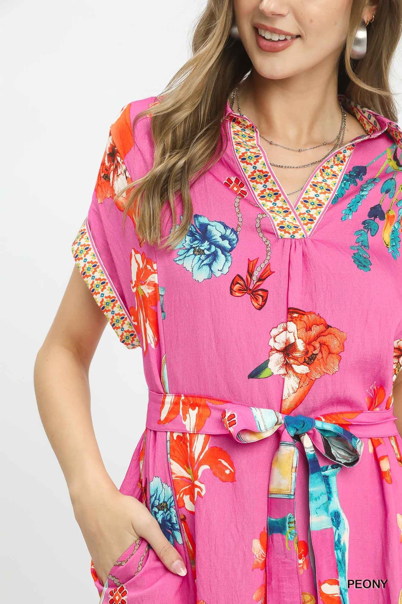 Umgee Floral Print Mini Dress with Belt - Bitsy Gypsy Boutique