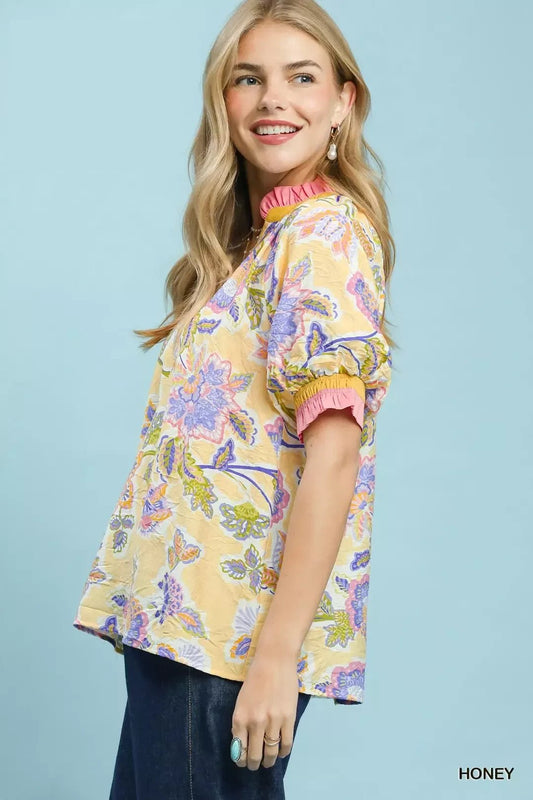 Umgee Floral Print Ruffled Short Sleeve Top - Bitsy Gypsy Boutique