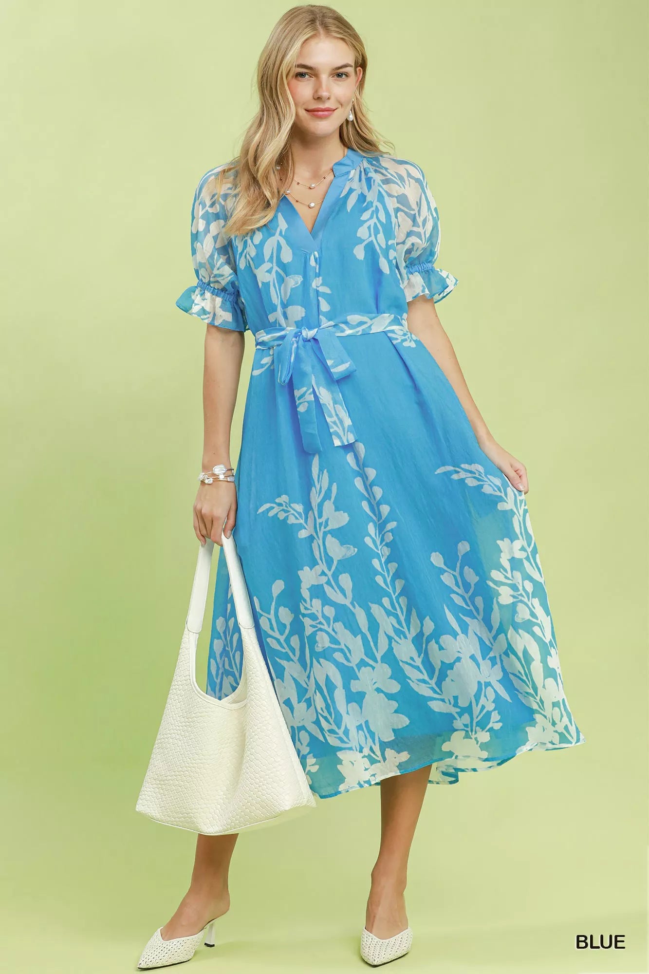 Umgee Floral Print Tie Waist Midi Dress with Side Pockets - Bitsy Gypsy Boutique