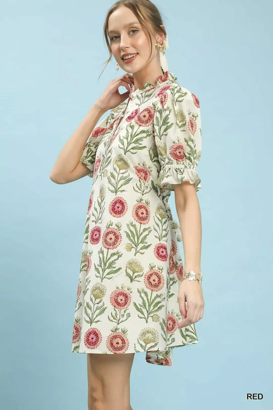 Umgee Floral Puff Sleeve Babydoll Dress with Side Pockets - Bitsy Gypsy Boutique