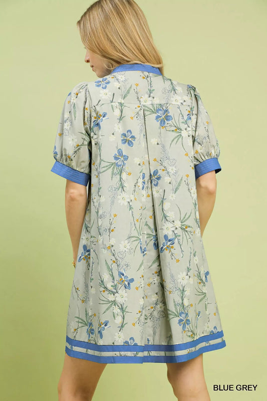 Umgee Floral Puff Sleeve Dress with Contrast Trim - Bitsy Gypsy Boutique