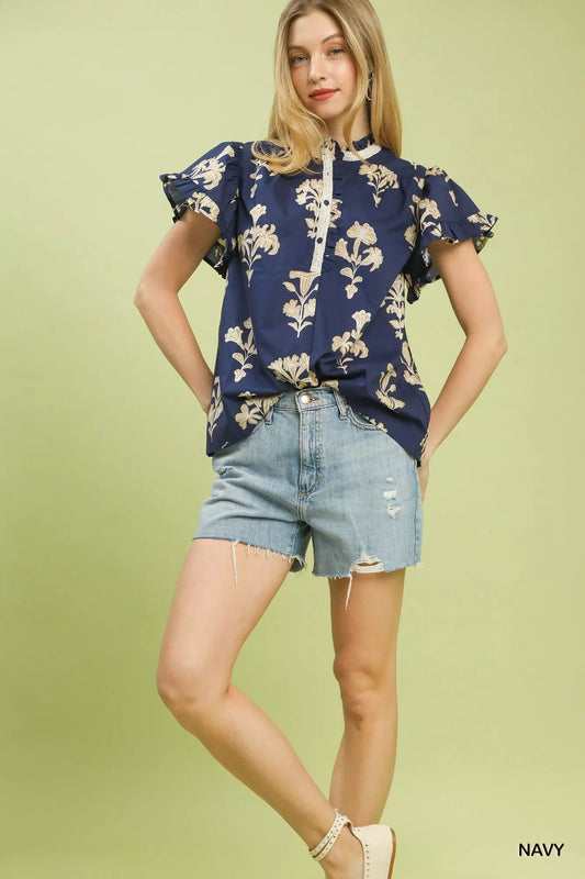 Umgee Floral Ruffle Sleeve Split - Neck Top - Bitsy Gypsy Boutique