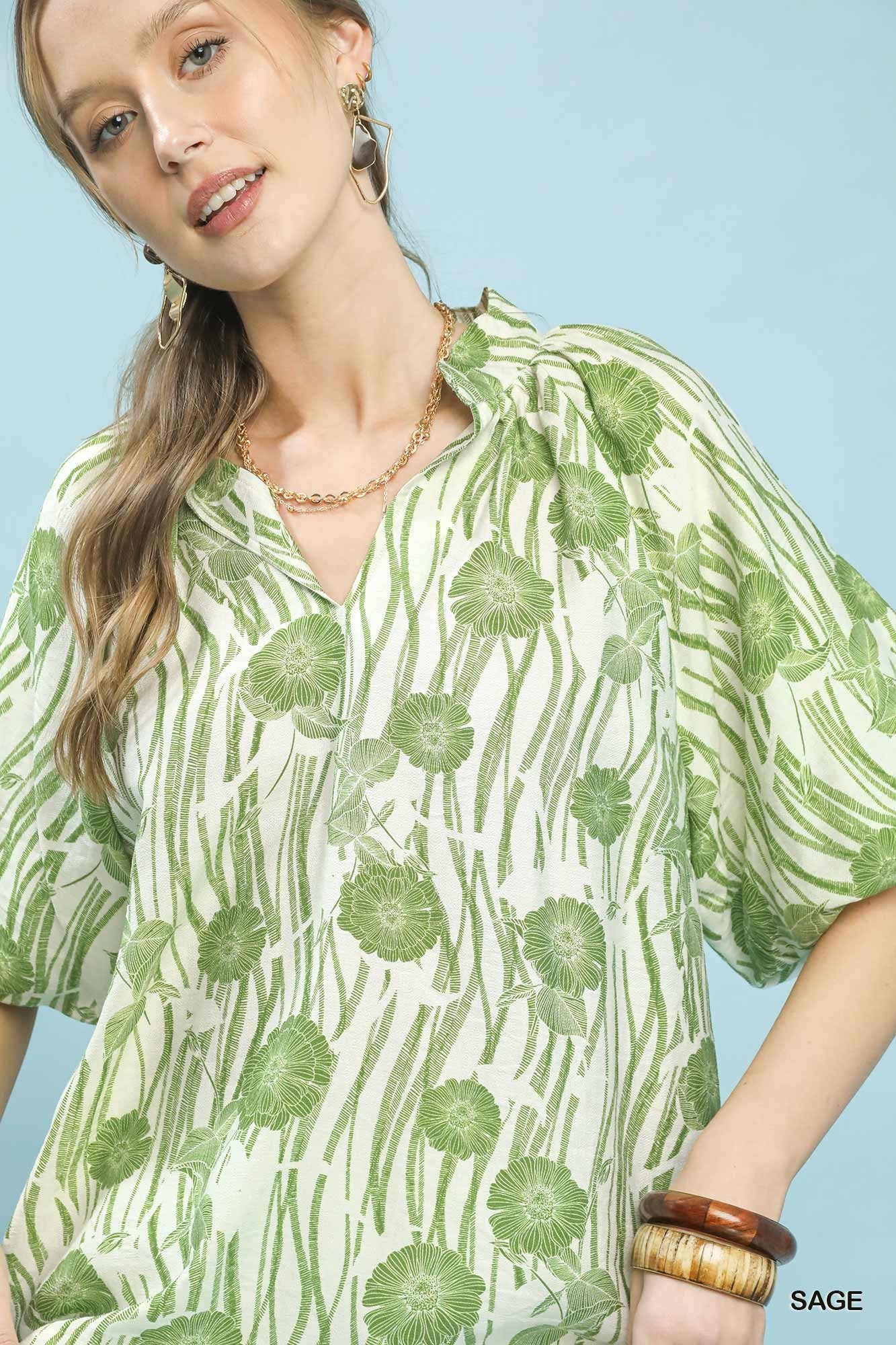 Umgee Floral Scalloped Edge Puff Sleeve Blouse with High - Low Curved Hem - Bitsy Gypsy Boutique