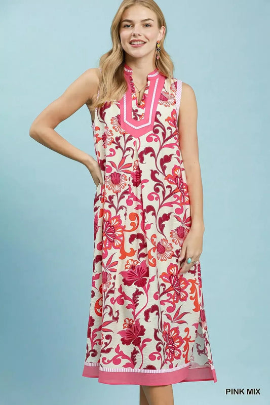 Umgee Floral Scroll Sleeveless Midi Dress - Bitsy Gypsy Boutique