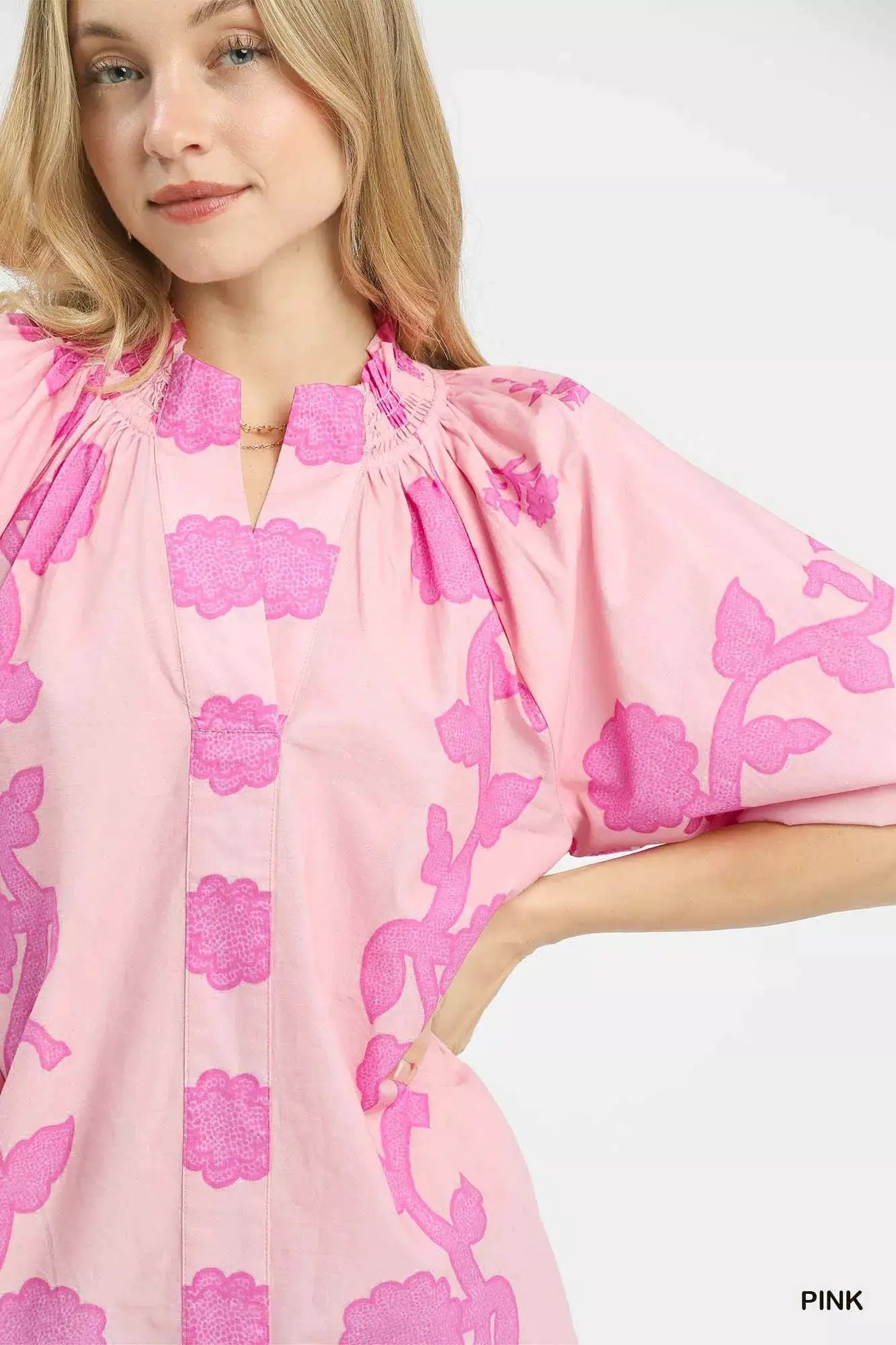 Umgee Floral Smocked Notched Puff Sleeve Blouse by Trendsi