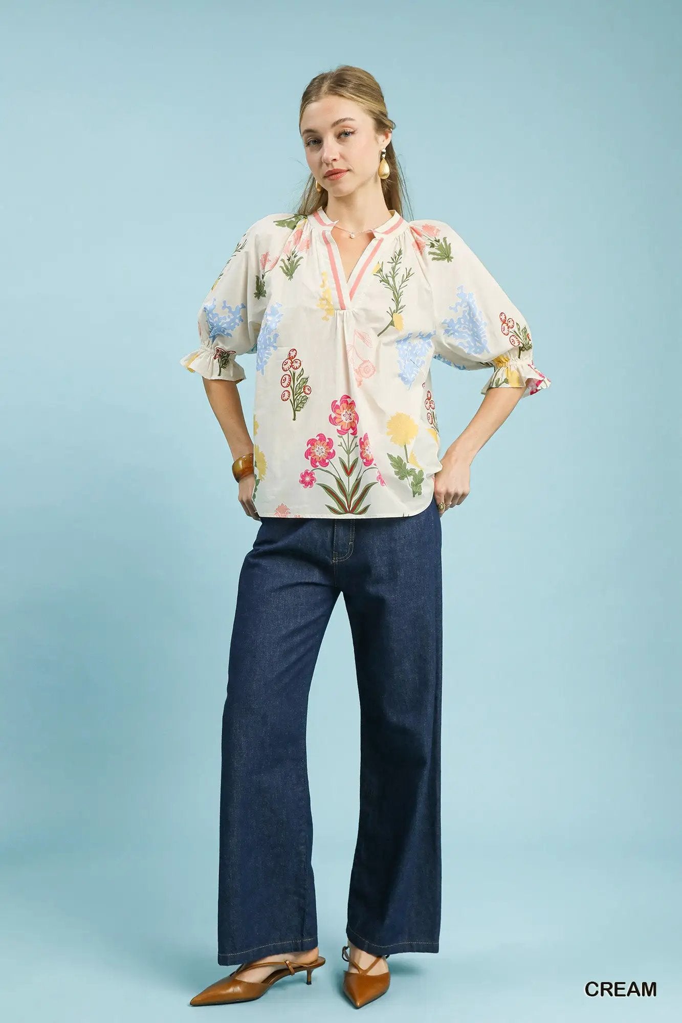 Umgee Floral Split Neck Puff Sleeve Top by Trendsi