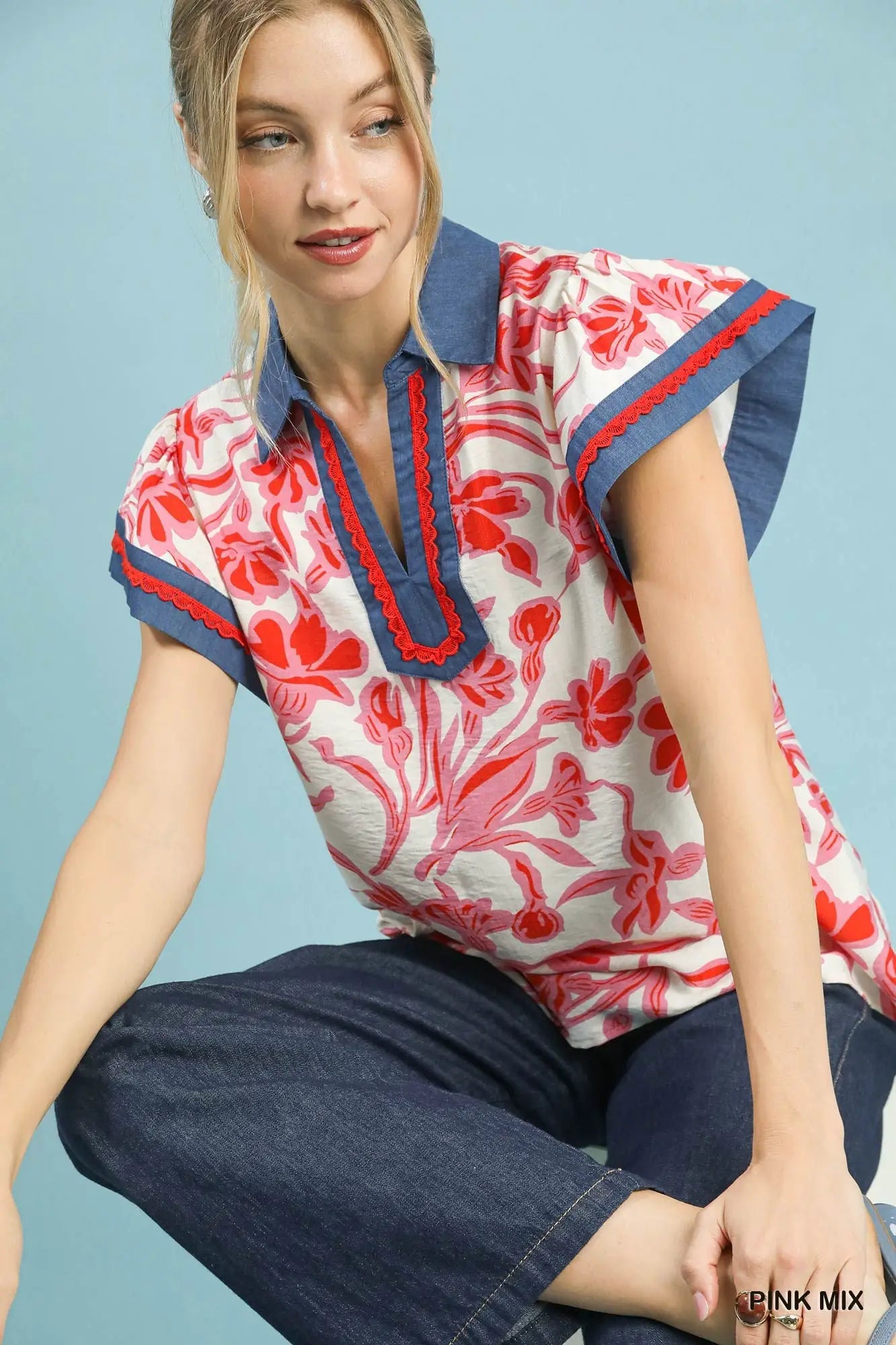 Umgee Floral Split Neck Top by Trendsi