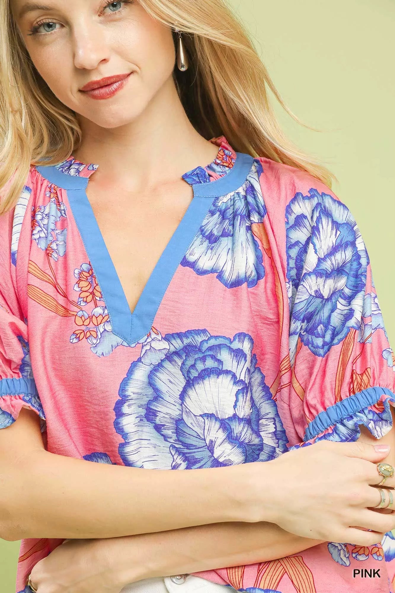 Umgee Floral V - Neck Puff Sleeve Blouse - Bitsy Gypsy Boutique