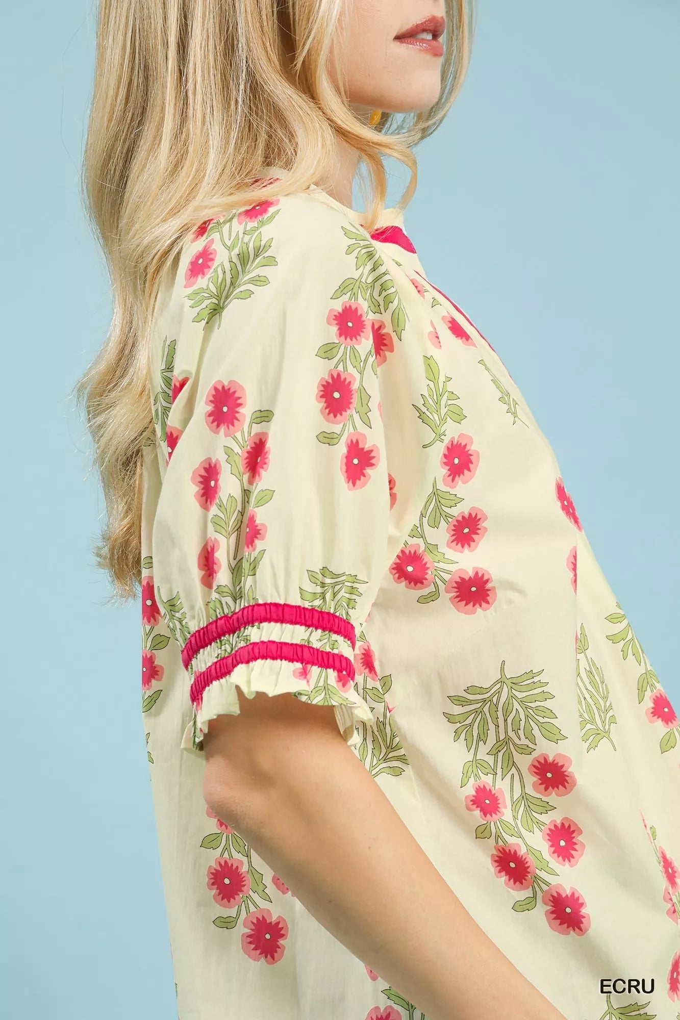 Umgee Floral V - Neck Puff Sleeve Top - Bitsy Gypsy Boutique