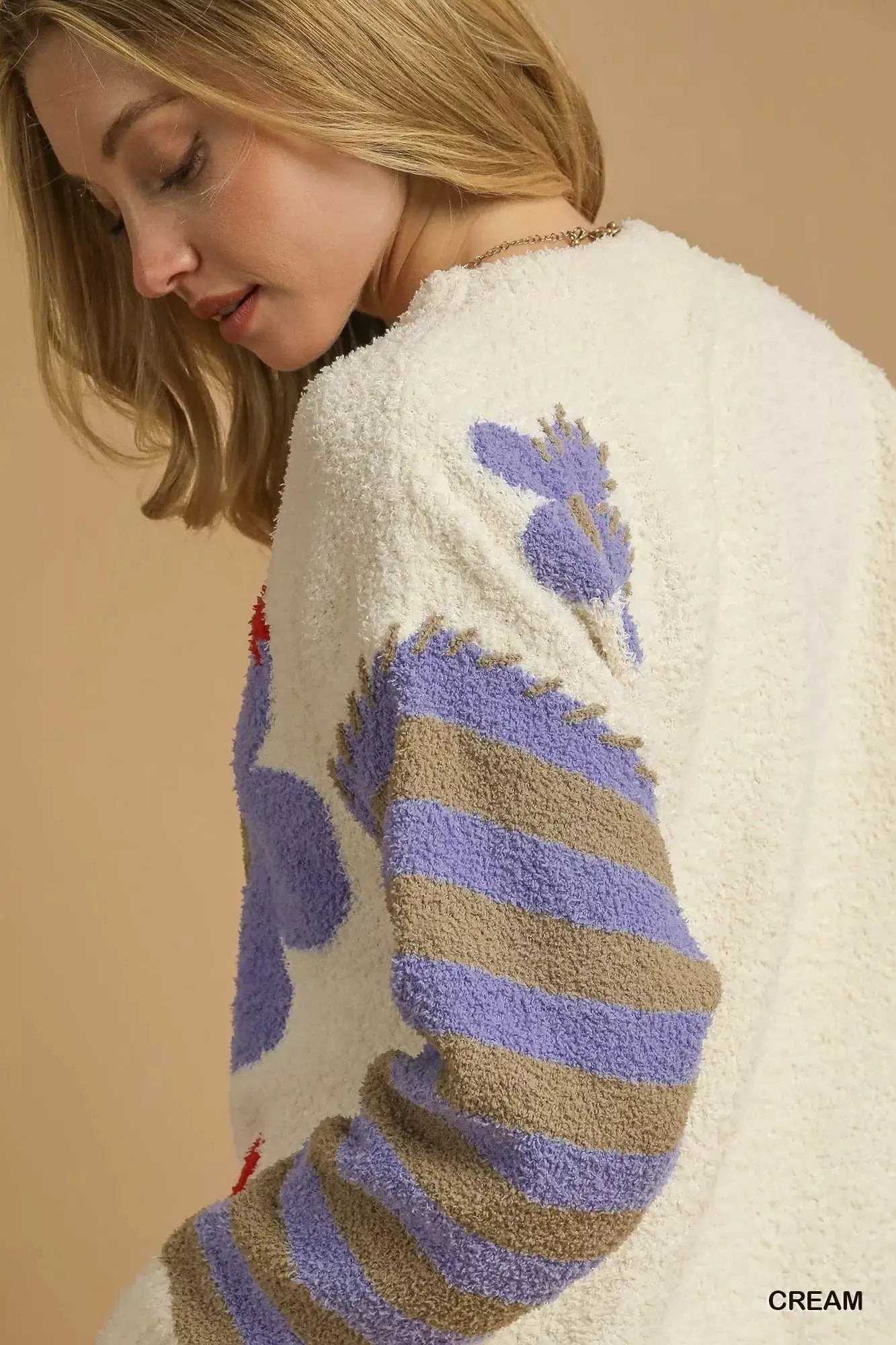 Umgee Flower Jacquard Striped Long Sleeve Sweater by Trendsi