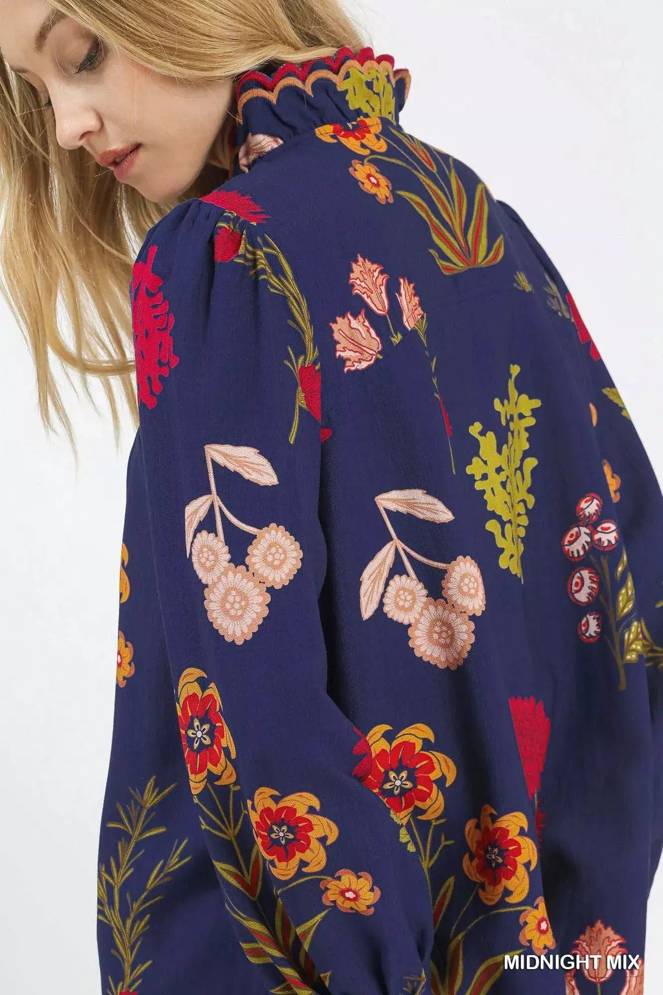 Umgee Flower Print Blouse with Scalloped Neckline by Trendsi